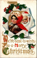 Postcard Merry Christmas Santa and Little Girl Holly and Snow Embossed Unposted