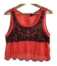 Miss Moda Red Sequin Embellished Crop Top UK 12 Sleeveless Round Neck Blouse