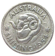 AUSTRALIA. SILVER 1 SHILLING, 1954. QUEEN ELIZABETH II.