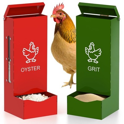 Chicken Oyster Shell Feeder 2 Pack, Heavy Duty Metal, Gravity-Fed - 12+ Day