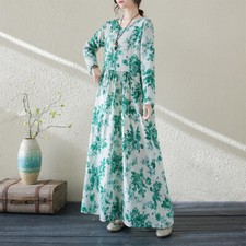 Womens Floral Printed Cotton Linen Holiday Maxi Dress Long Sleeves Loose Gown