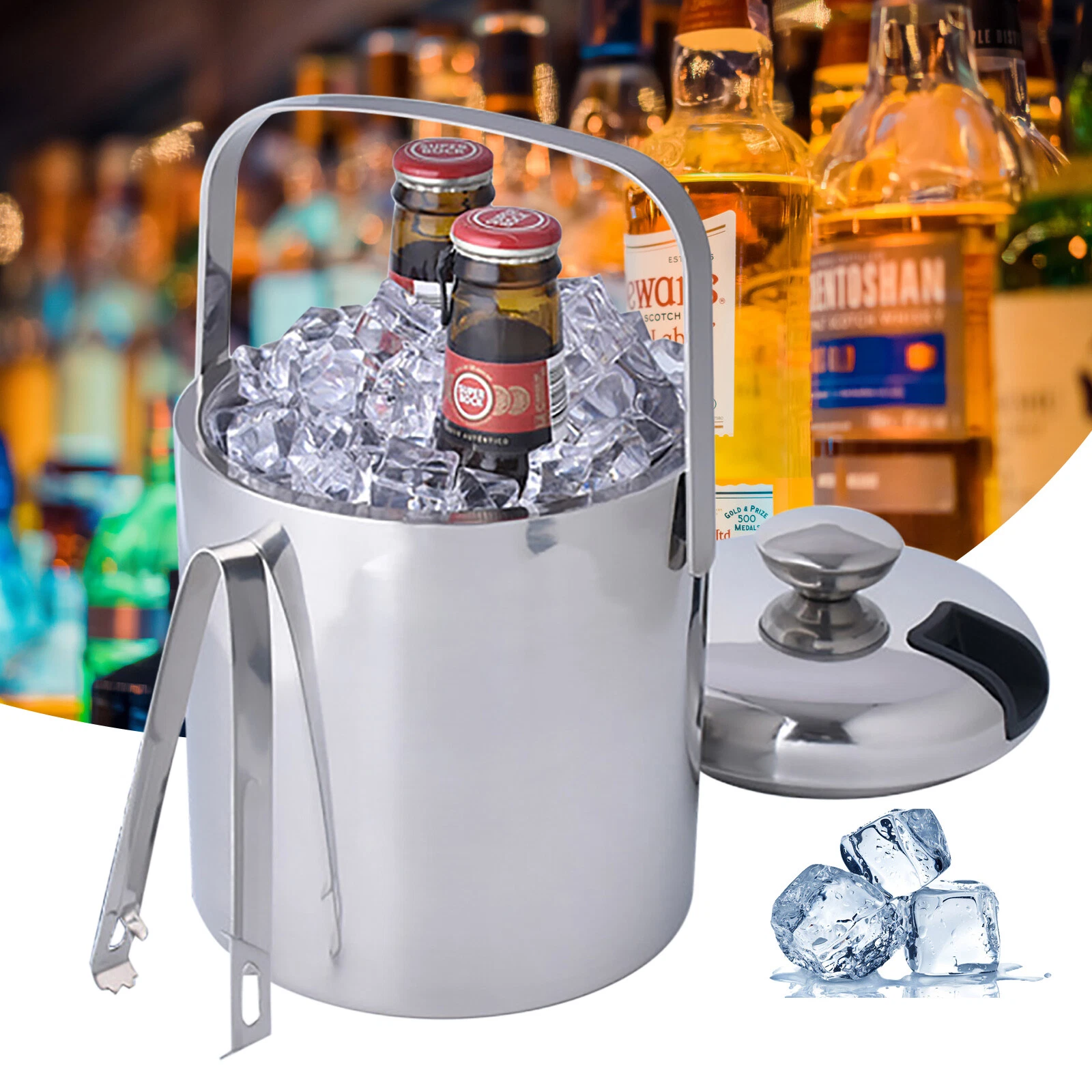 1.3L Ice Bucket Chiller Cooler Beer Beverage Bar Tool Double Layer Stainless
