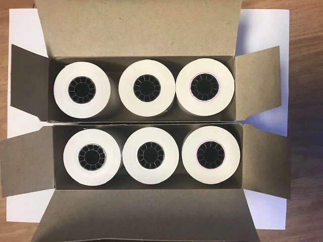 6 ROLLOS - 2 cajas de tres: rollo de papel térmico NCR, blanco, 2 1/4" (ancho) x 75' (l) Foto 2 de 2