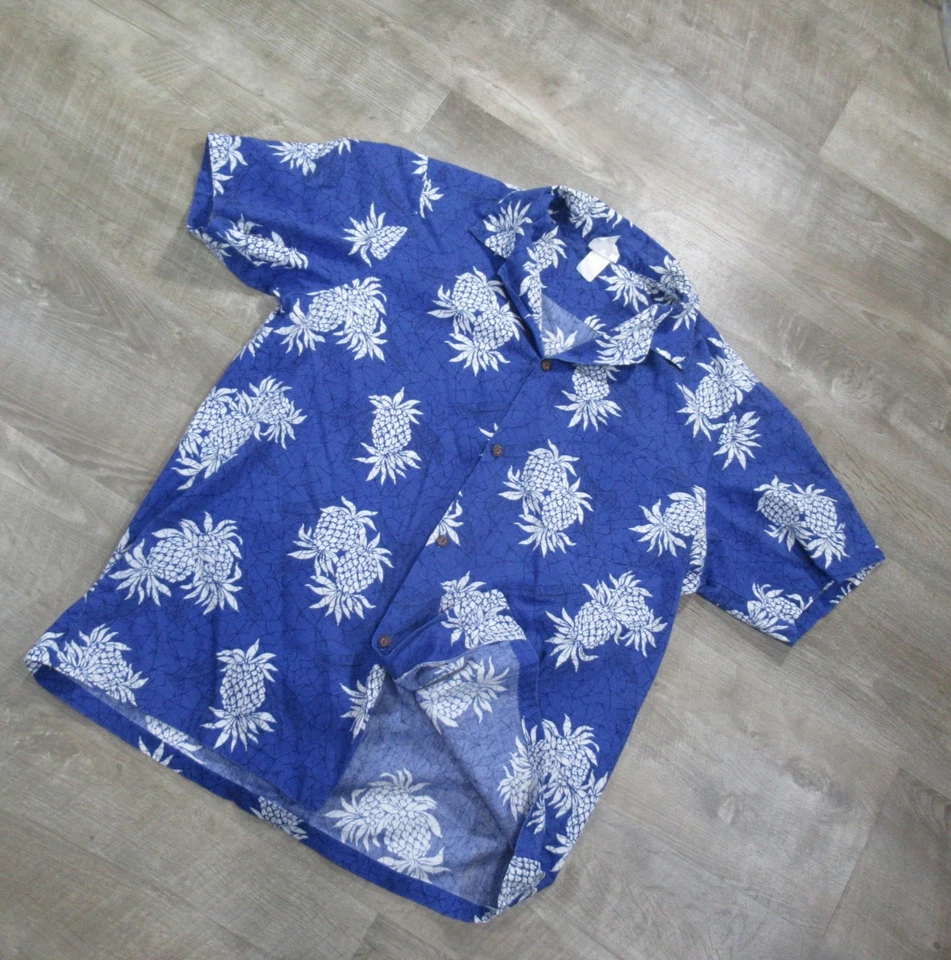 Camisa Hawaiana Azul Líquido Grande Azul Vintage Estampado Completo Piña Abotonada Foto 2 de 4
