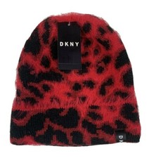 DKNY Women's Fuzzy Animal Print Beanie Knit Hat Leopard Red Y9