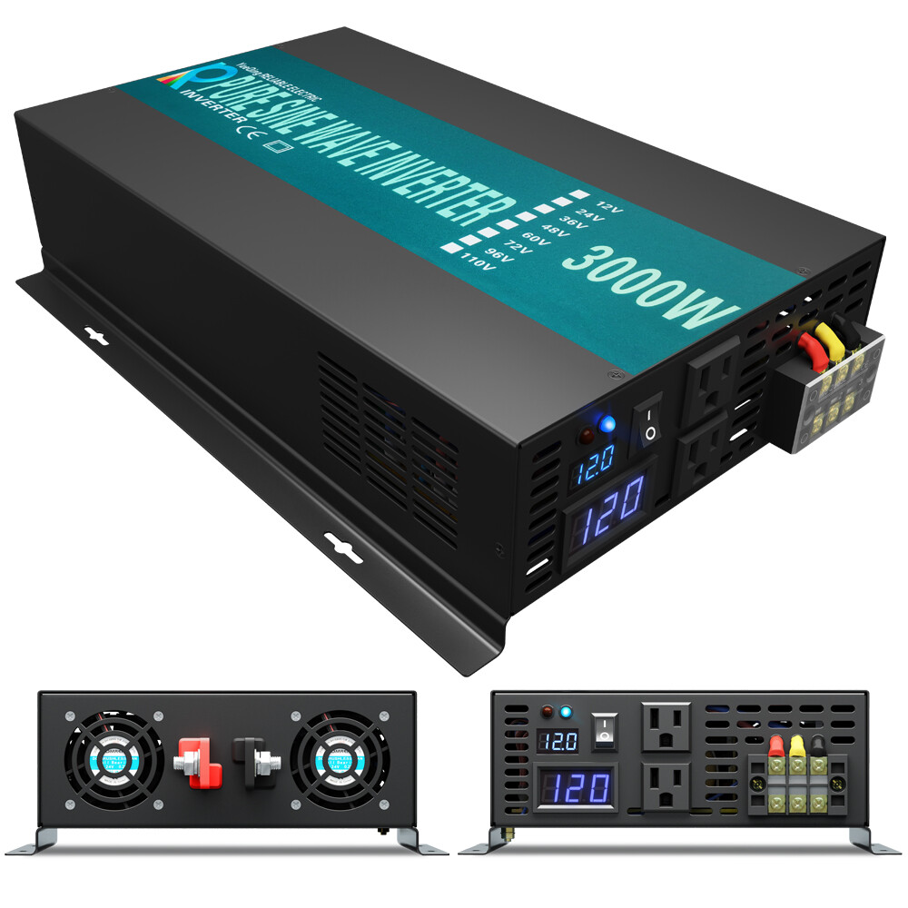 3000W Pure Sine Wave Inverter 12V to 110-120V Solar Power RV Truck Camp ...