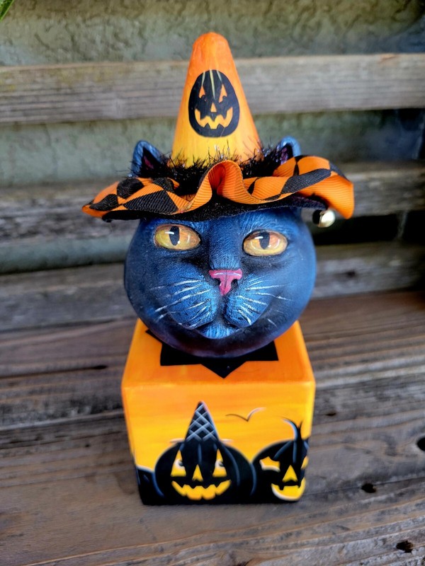 Shirley Olsen OOAK Black Cat Halloween Wood Sculpture Decor 2010 Artist Handmade