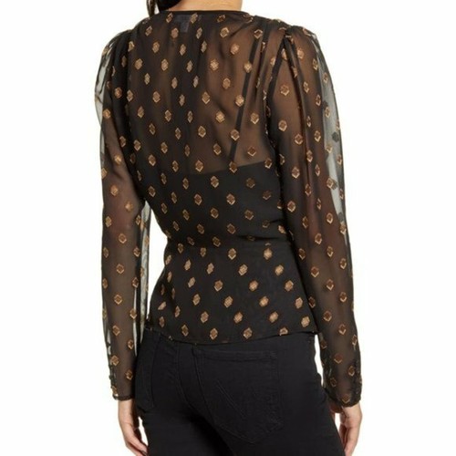 Chelsea28 Sheer Wrap Top Blouse Size XS Black Geo Gold $89 Surplice 8981 New - Picture 2 of 12