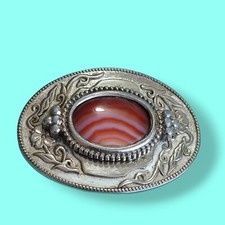 Vintage Western Striped Carnelian Agate Center Belt Buckle Silver Tone