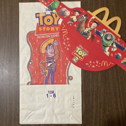 VTG 90s Pixar Toy Story 1&2 McDs Visor Hat W/ Toy Checklist & BK Woody Paper Bag - Picture 1 of 12