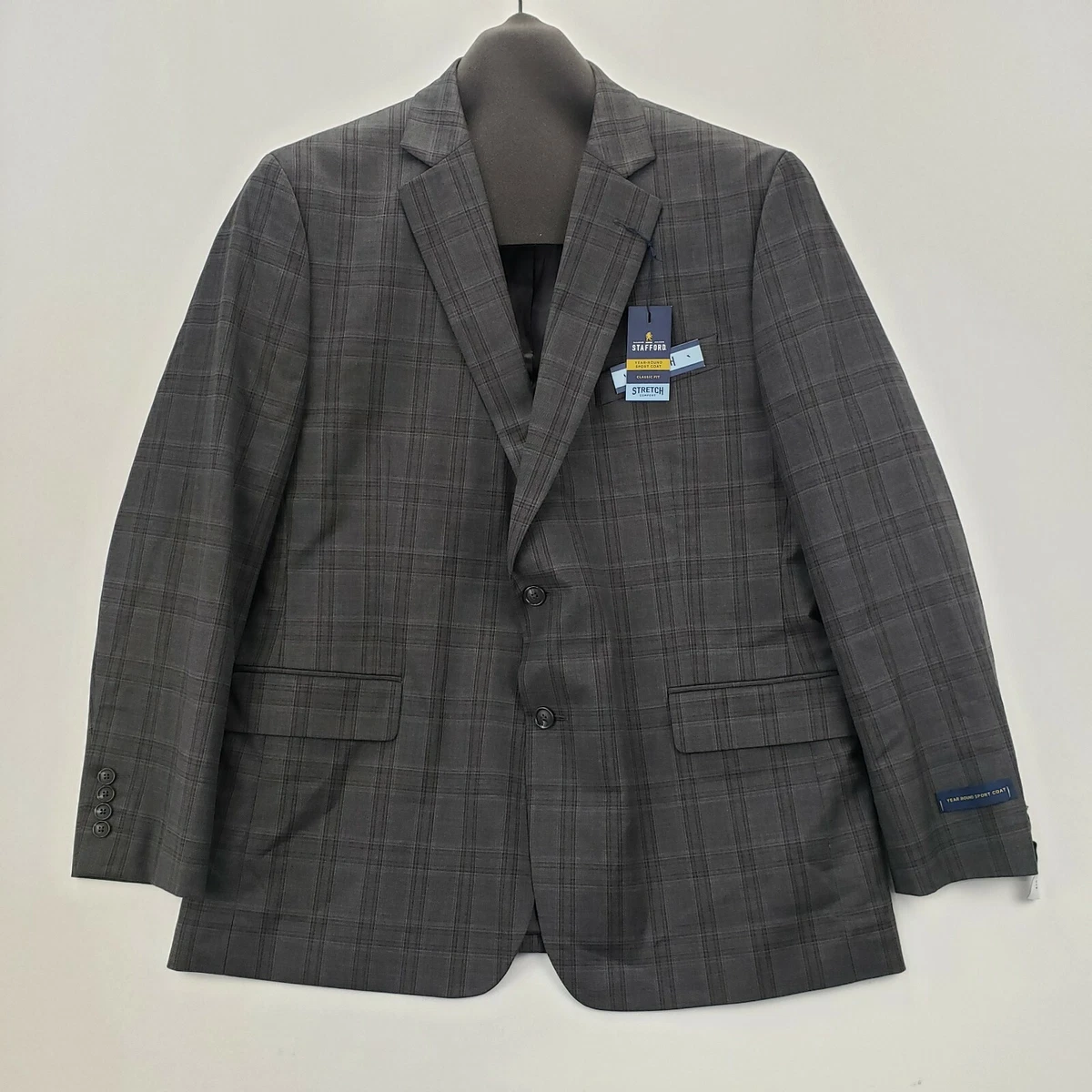 NEW Stafford 46 Regular Mens Year Round Wool Blend Sport Coat Jacket Gray  Plaid | eBay