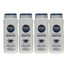 4 Pack Nivea Men Sensitive 3-in-1 Body Wash Shower Shampoo 16.9 oz Soap Dye Free