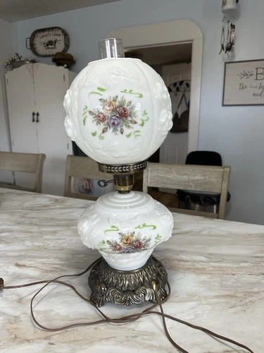 Vintage Gone with the Wind Hurricane Double Globe Wild Roses Lamp Milk Glass