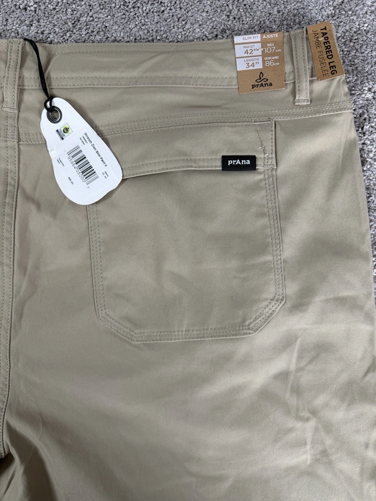 Prana Men's Khaki Stretch Zion Hiking Pants, Slim Fit, Size 44x32