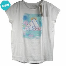 Adidas Tee Girls Size L 14 White Blue Graphic Print T-Shirt Short Sleeve NEW
