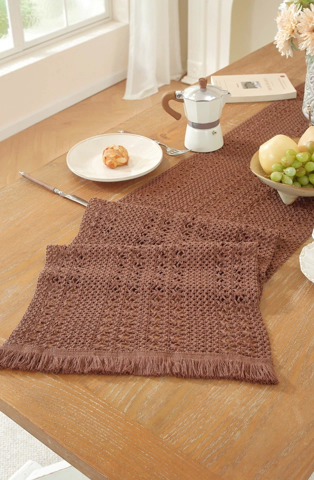 Vintage Knitted Lace Table Runner Tassel Rustic Dining Home Kitchen Deco Gift - Image 2 of 4