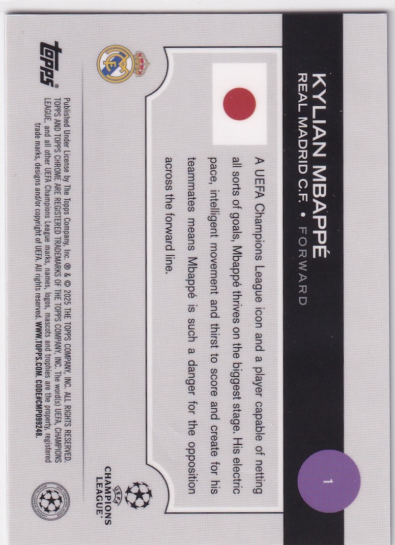 2024 Topps Uefa Club Japan Edition - Kylian Mbappe #1 Chrome Blue Mojo /75 view 2