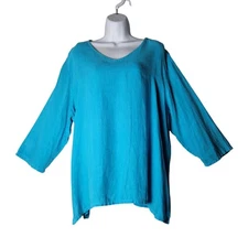 Match Point USA Boho 100% Linen Top XL Turquoise 3/4 Sleeve Tunic Side Slits