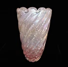 Vtg Murano Iridescent Pink Ombre Silver Flake Ribbed Swirl Vase -Italy 1980's