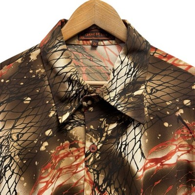 Creme De Silk Men's 2X Brown/Red Abstract Vintage Silk Rayon Button Front Shirt