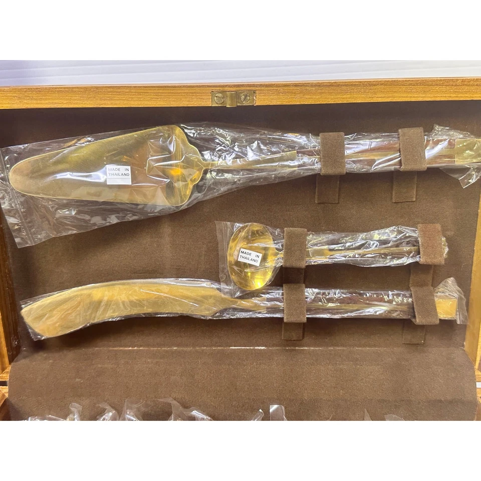 Thai Vintage MCM Bronze/Brass & Rosewood 39-PC Flatware Set w/Cases-Never Used - Image 3 of 4