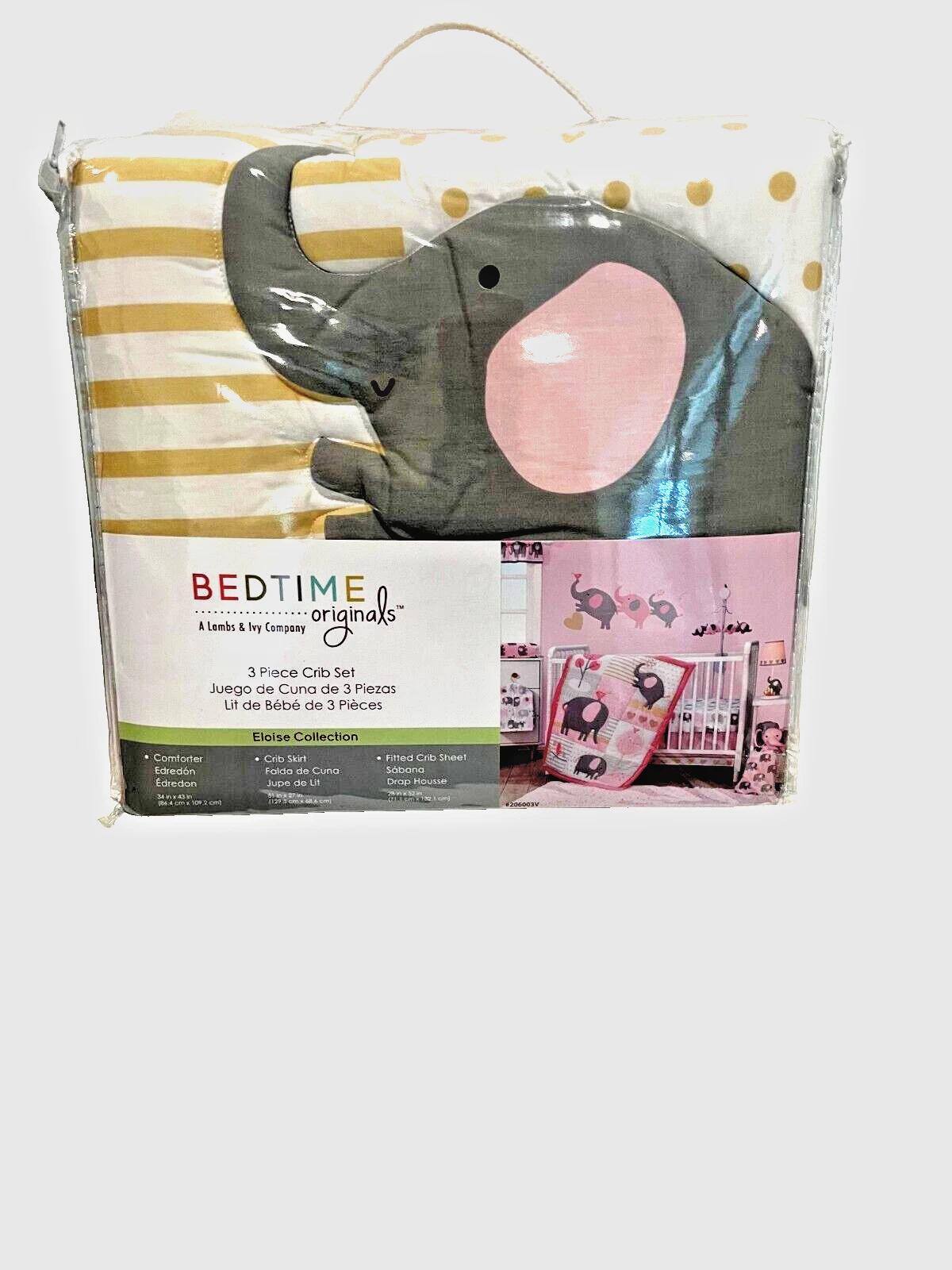 ADORABLE BEDTIME ORIGINALS ELEPHANT THREE PIECE BEDDING BN PINK,GRAY,GOLD,WHITE