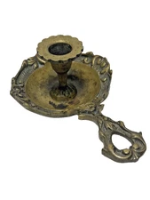 Antique Brass Bronze Chamberstick Handled Bed Chamber Candleholder