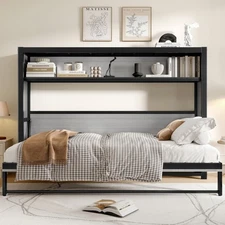 Twin Murphy Bed with Shelves - Foldable Wall Bed, Space-Saving Metal Frame