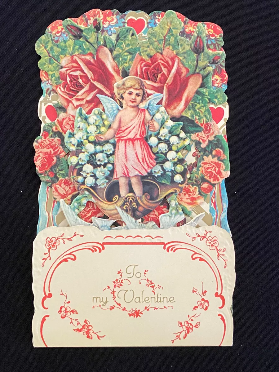 Vintage - Victorian Valentine Card w/ Lovely Pop-Out Cupid, doves, and  roses *