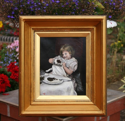 19th Cen Portrait Portrait Study of a Young Girl and her Puppy Dog at the Table - Photo 2 sur 8