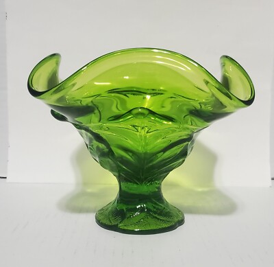 Viking Emerald Green Glass Cabbage Leaf Ruffled Compote Candy Bowl 5.5'' Tall