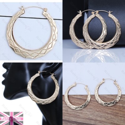 2 Big Gold Plated Creole Hoop Earrings – Diamond Bamboo Pattern, Retro Gypsy Style, Statement Hoops 2 thumbnail image