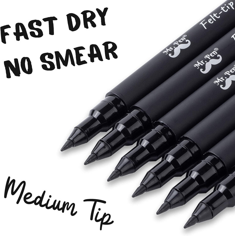 Mr. Pen- Pens, Felt Tip Pens, Black Pens, Pack Of 6, Fast Dry, No Smear,  Fine Po