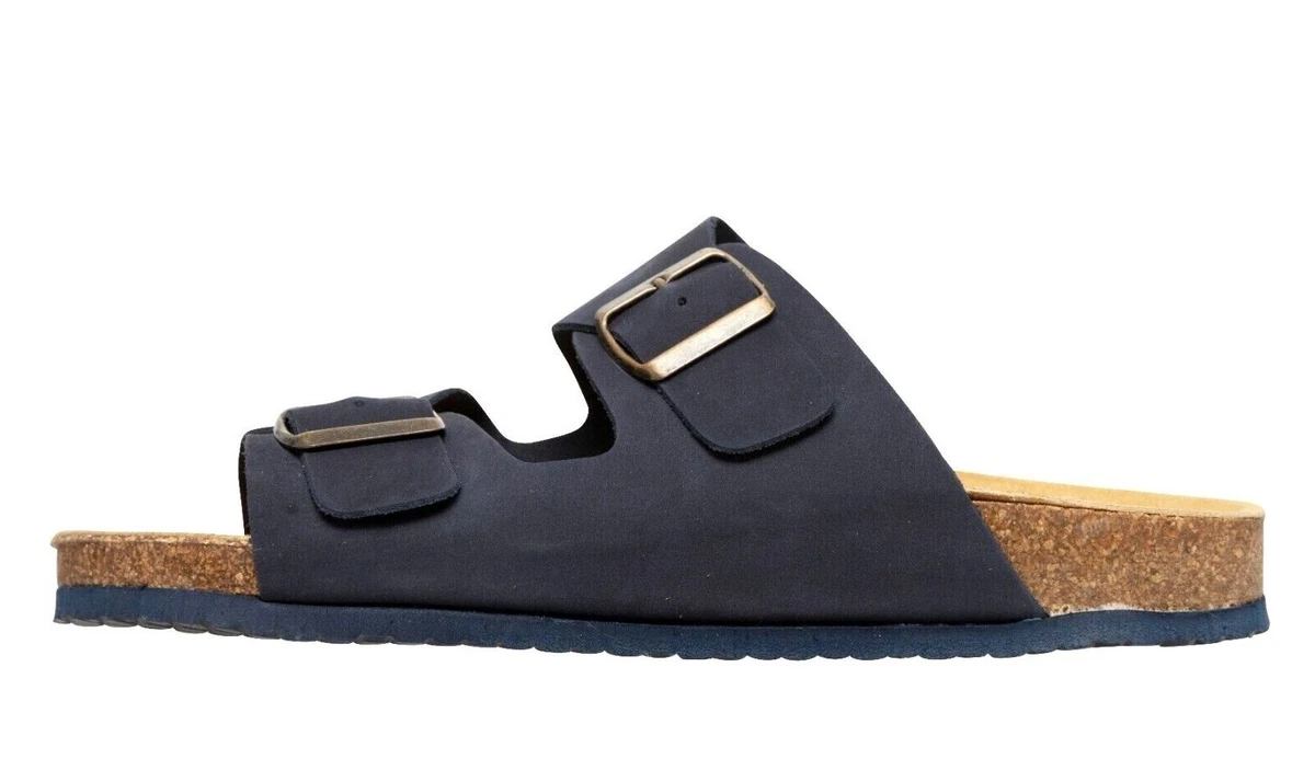 Echtleder Herren Pantoletten Blau Leder Sandalen Korksohle Fußbett Hausschuhe