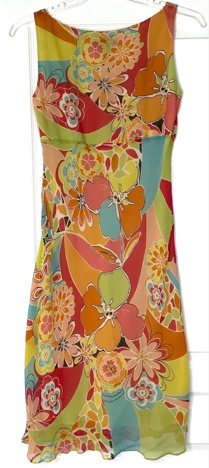 LAFAYETTE 148 Groovy Psychedelic Flower Floral 70’s Crinkle Silk Dress 10 Petite - Image 2 of 4