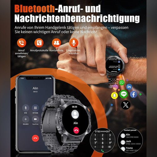 Für-Samsung Android Smartwatch Herren Taktisch Militär Bluetooth Anruf Blutdruck - Zdjęcie 15 z 17