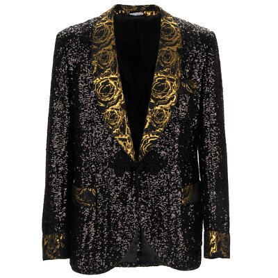 DOLCE & GABBANA Pailletten Barock Rosen Jacquard Tuxedo Blazer Schwarz Gold