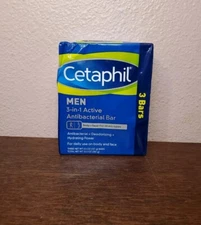 3 Bars Cetaphil Men 3 in 1 Active Antibacterial Deodorizing Bar Soap 4.5 oz Each
