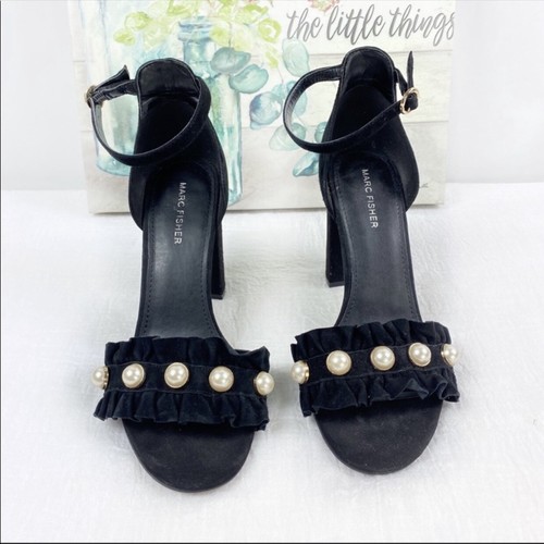 Marc Fisher Womens King Pearl Ruffle Heeled Sandal Black Size 8.5 Block  Heel | eBay