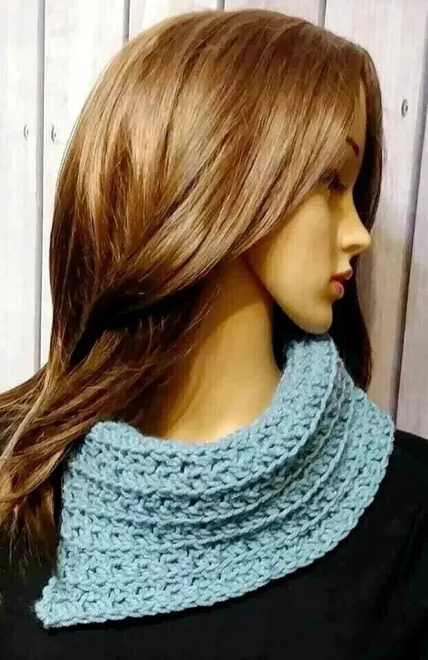 Handmade crochet womens cowl scarf bandana in arctic blue made in USA