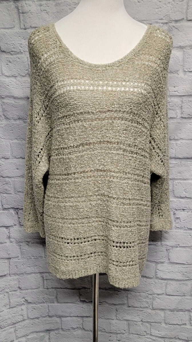 ELLE WOMENS XL TAUPE METALLIC GOLD BLACK SEQUIN OPEN KNIT SHAGGY TUNIC SWEATER