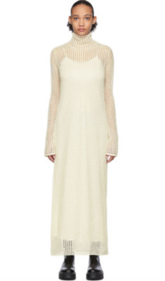 NWT $1890 The Row Dieter Mock Neck Open Knit Silk Dress in Ivory sz M