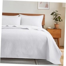 Quilt King Size with Pillow Shams, Summer Soft Geometric King 106"x96" White