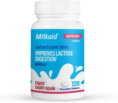 Milkaid Lactase Enzyme Tablets 120 Raspberry Vegan Gluten Free Lactose Relief