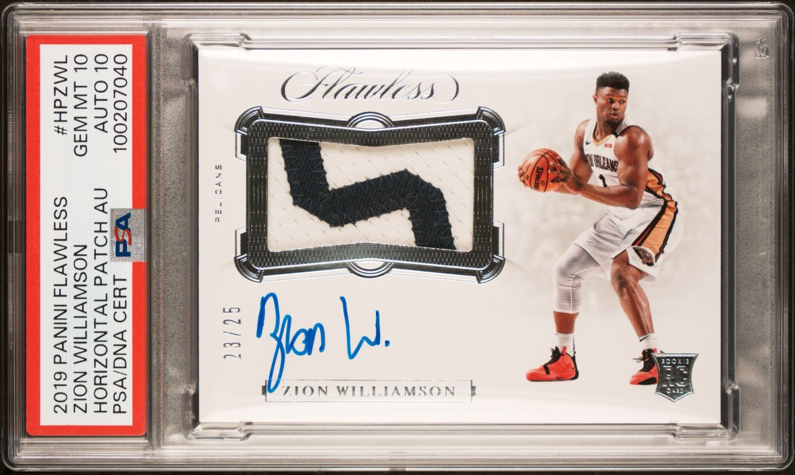 2019 FLAWLESS ZION WILLIAMSON HORIZONTAL PATCH AUTO ROOKIE /25 GEM MINT PSA 10