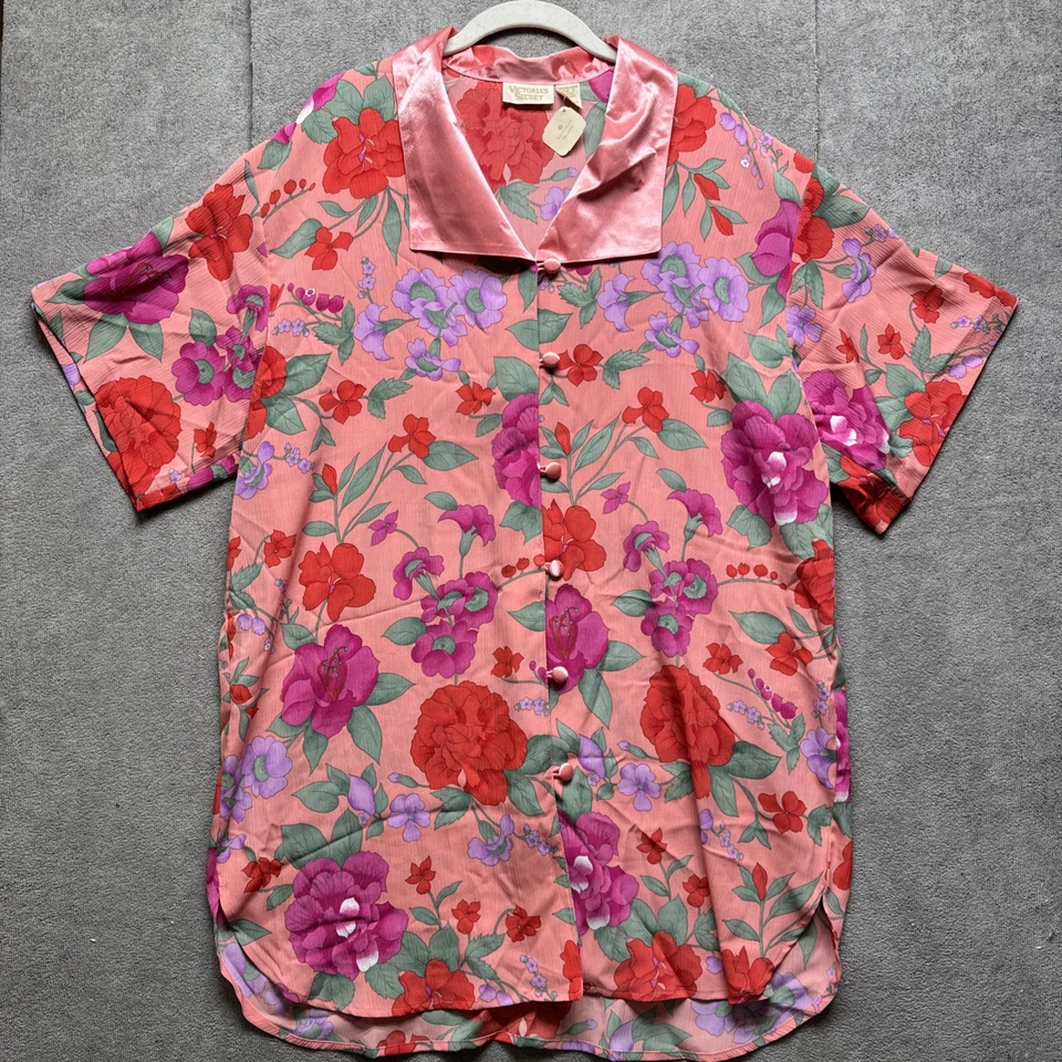 Victoria's Secret золотой этикетки розовый цветочный PJ рубашка M/L атласный верхний запас 90-х - Изображение 2 из 4
