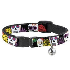 Cat Collar Breakaway with Bell Sugar Skulls  Flowers Black/Multi Color NARROW F