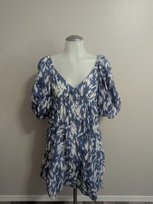 Anthropologie Blue Tassel Puff Sleeve Mini Dress Blue White Cotton XXS