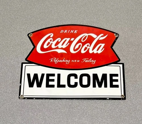 VINTAGE 12” COKE COLA SODA PORCELAIN SIGN CAR GAS OIL TRUCK MOTORCYCLE