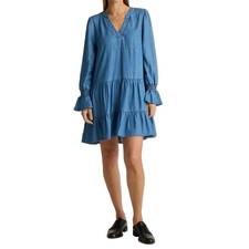 New Quince Chambray Tencel Indigo Blue Ling Sleeve Tiered Mini Dress Small 4010 